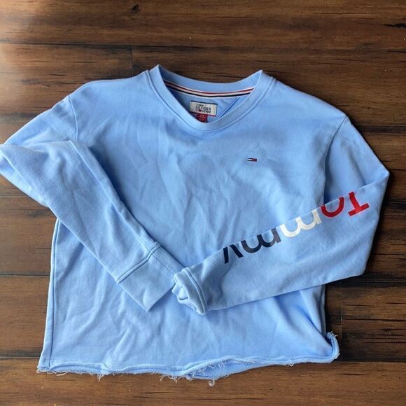 Tommy Hilfiger Light Blue Cotton Cropped Crewneck Logo Hoodie Sweatshirt XXS - Picture 1 of 6